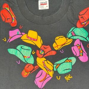 Vintage‎ Anvil Cowboy Hat Graphic T Shirt USA Made Faded Black Large